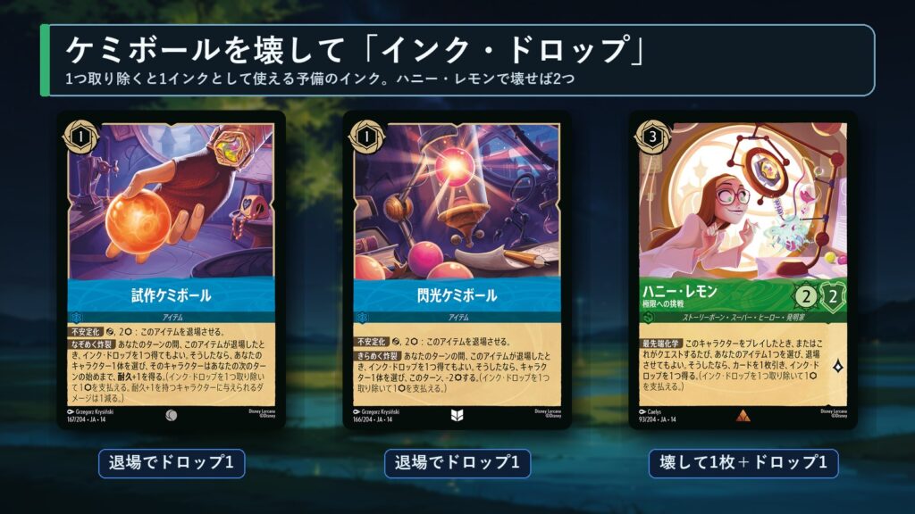 ロルカナ ベイマックスデッキ ケミボールを壊してインク・ドロップを得るカード(試作ケミボール・閃光ケミボール・ハニー・レモン)
