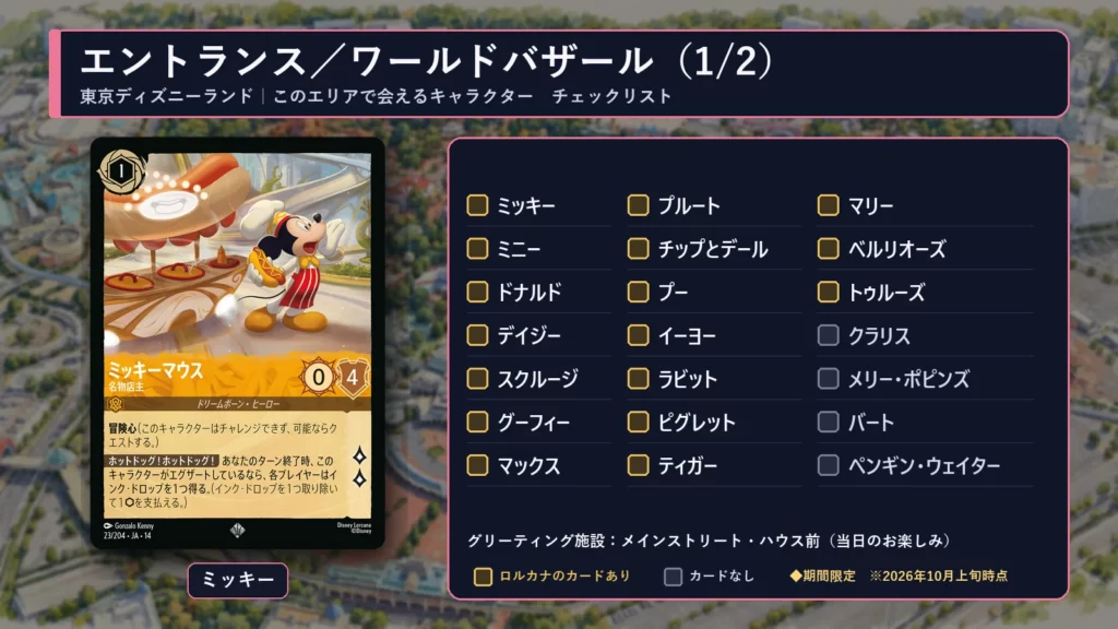 東京ディズニーランド・エントランス/ワールドバザールで会えるキャラクターのチェックリスト(1/2:ミッキー&フレンズ・プーさんほか)とロルカナのミッキーのカード