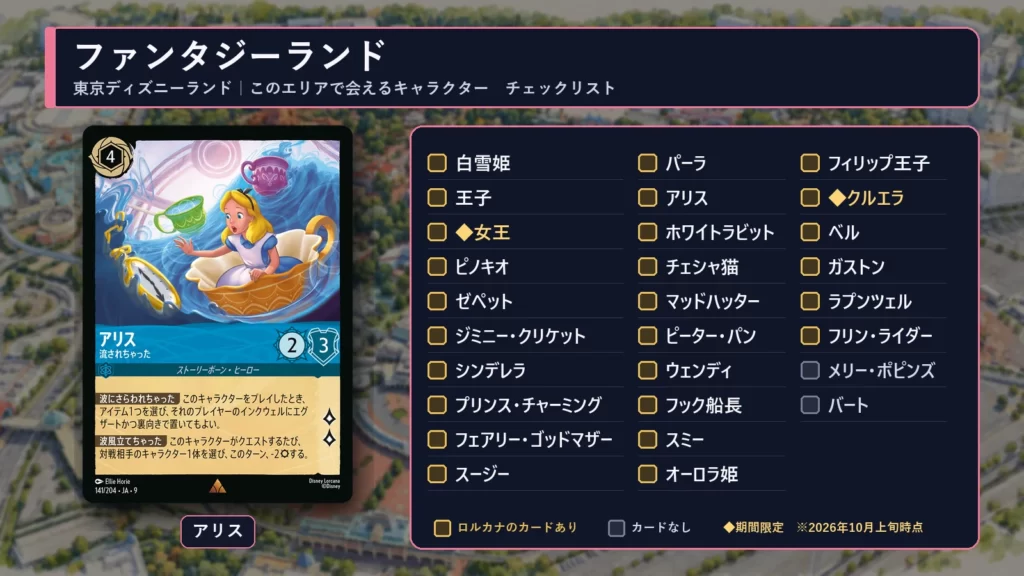 東京ディズニーランド・ファンタジーランドで会えるキャラクターのチェックリストとロルカナのアリスのカード